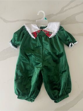 NWT Vintage Little Precious emerald Green Plaid lace trim Velour Holiday romper